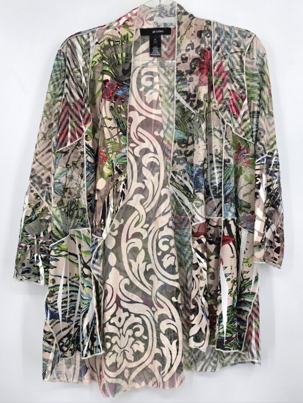 Ali Miles Open Front Mesh Cardigan Medium Tropical Print 3/4 Sleeve Art To Wear